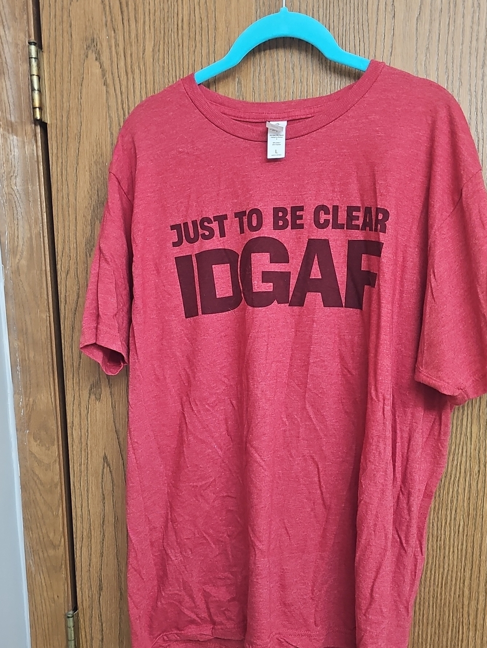 Tultex Red Short Sleeve Tee with Dark Red Graphic - "JUST TO BE CLEAR IDGAF"